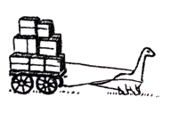 Hand-drawn dinosaur pulling a carriage of boxes