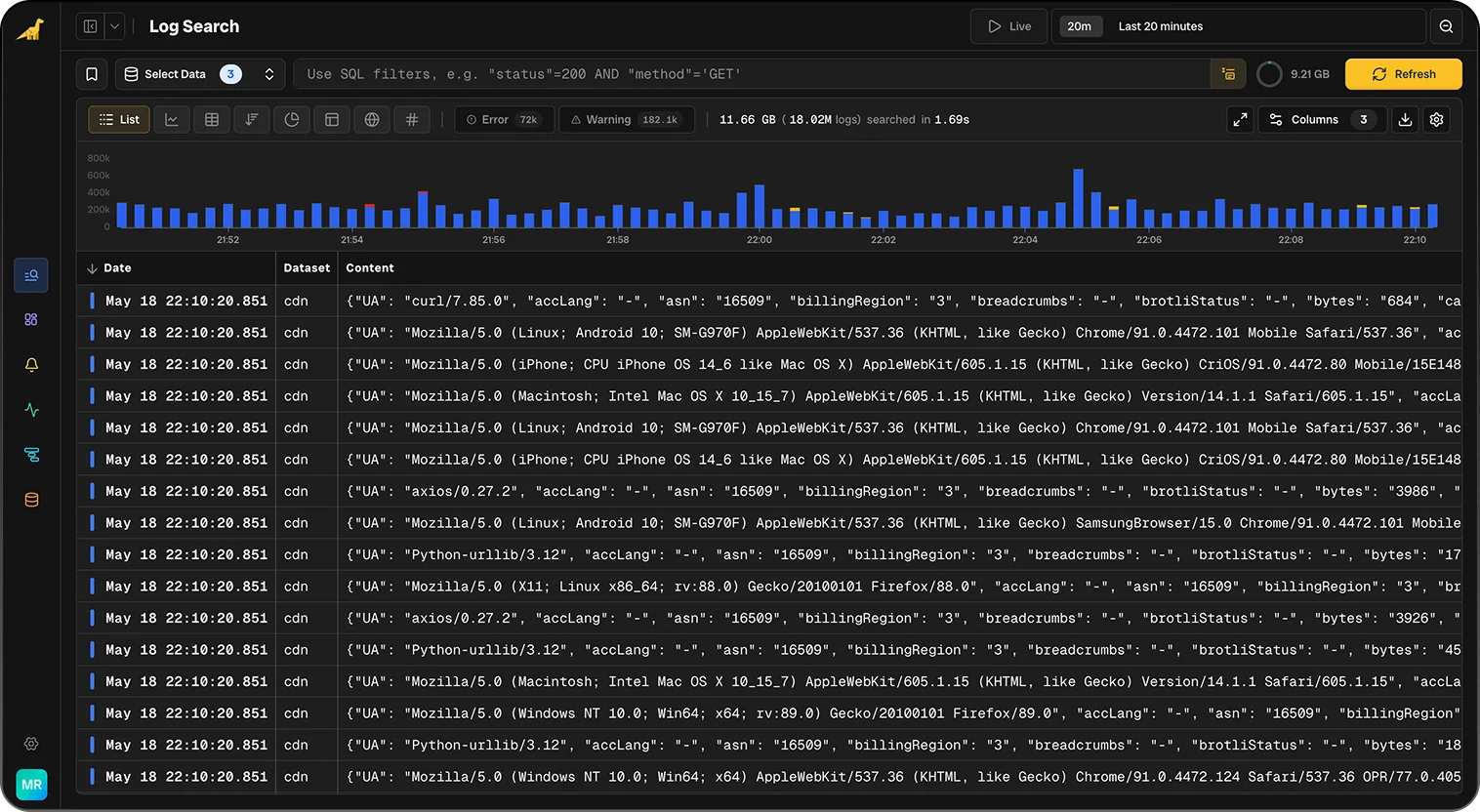 Bronto logs dark mode screenshot — Search Your Logs Instantly