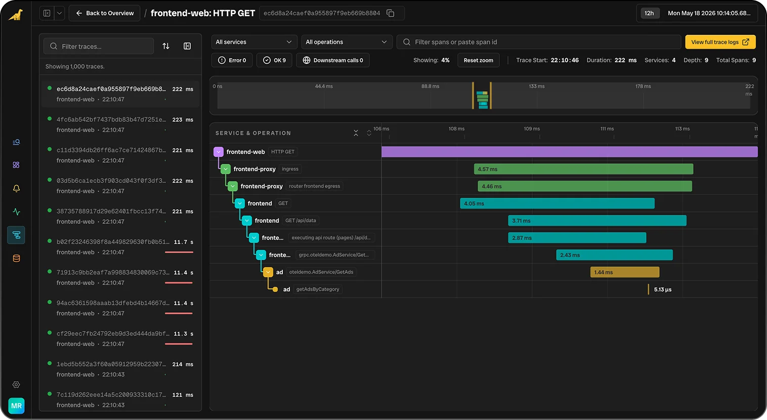 Bronto traces dark mode screenshot — Trace Every Request End-to-End