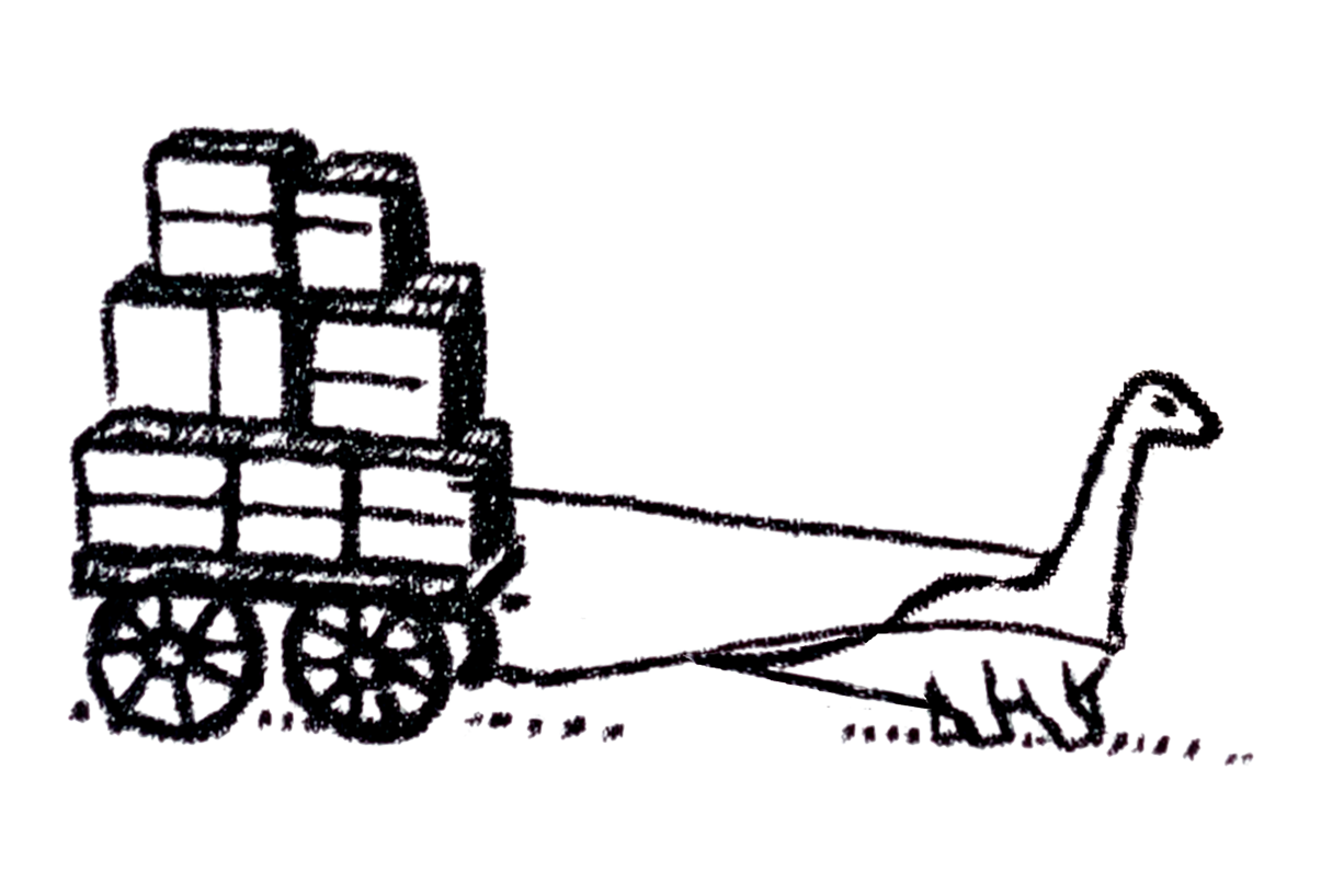Hand-drawn dinosaur pulling a carriage of boxes